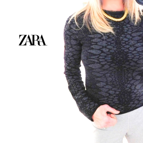 Zara Tops - NWOT-ZARA KNIT BLK GRAY INTRICATE DSGN LNG SLV TOP
